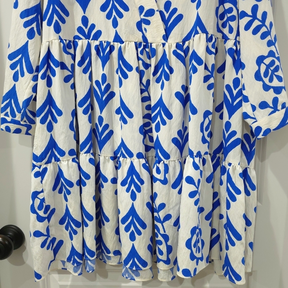 ZARA Cobalt Blue Botanical Print Long Sleeve V-Neck Tiered Babydoll Mini Dress - Picture 7 of 15